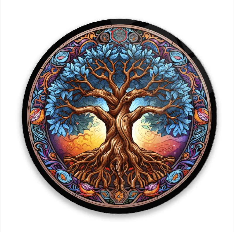 Bronze-tone decorative tray-Colourful Tree Root Rounded Glass Wall Art