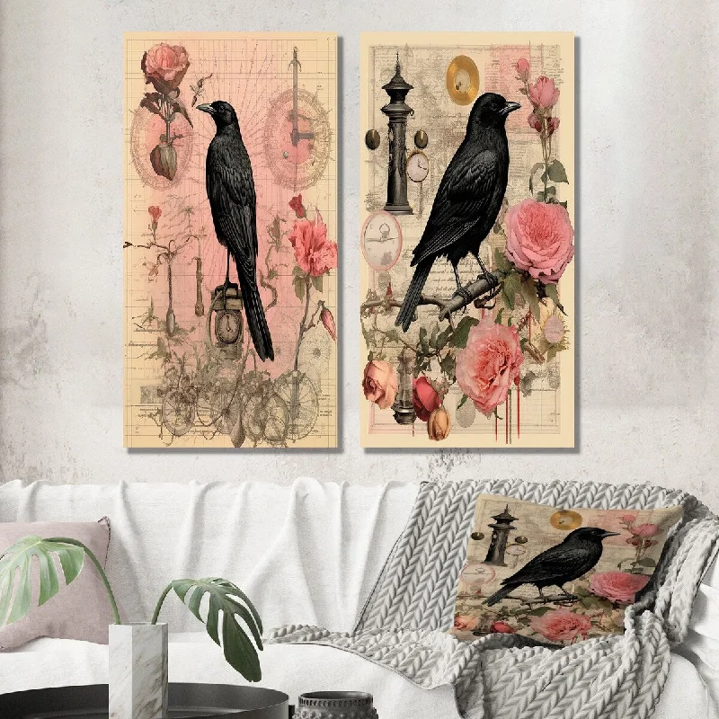 Bohemian loop wall decor-Designart "Black Crow Vintage Illustration II" Crow Wall Art Set of 2 - Modern For Home Decor