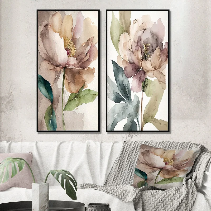 Crystal wave chandelier-Designart "Blooming Peony In Gray Earth Tones I" Floral Peony Wall Art Décor - Modern Wall Art Set Of 2