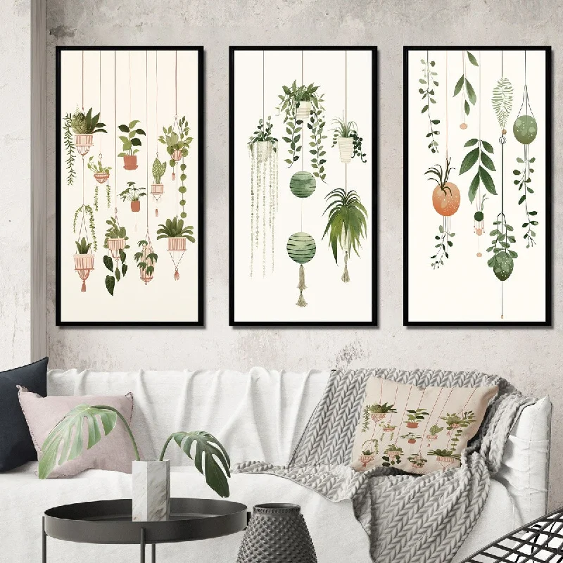 Textured wool tablecloth-Designart "Botanical Bliss Joyful Hanging Boho Houseplants I" Abstract Botanicals Framed Set Of 3 For Office Decor