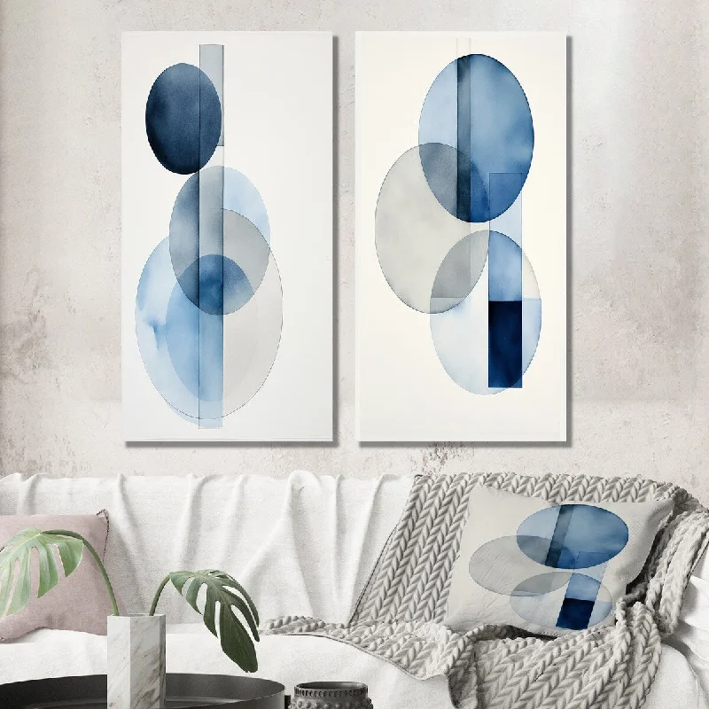 Minimalist green wall mirror-Designart "Circular Simplicity Watercolor In Retro Blue III" Modern Wall Art Set of 2 - Modern Wall Art For Bedroom