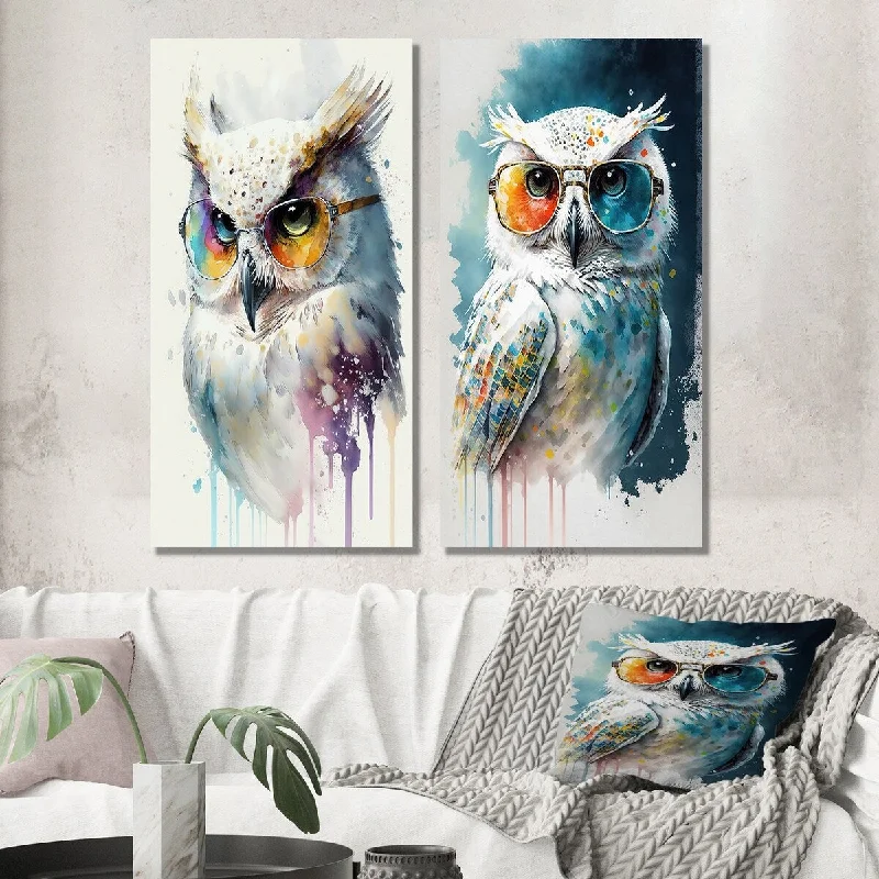 Bronze-accent serving bowl-Designart "Cool White Owl With Funky Sunglasses I" Animals Owl Wall Art Set of 2 - Children's Art Wall Art For Bedroom