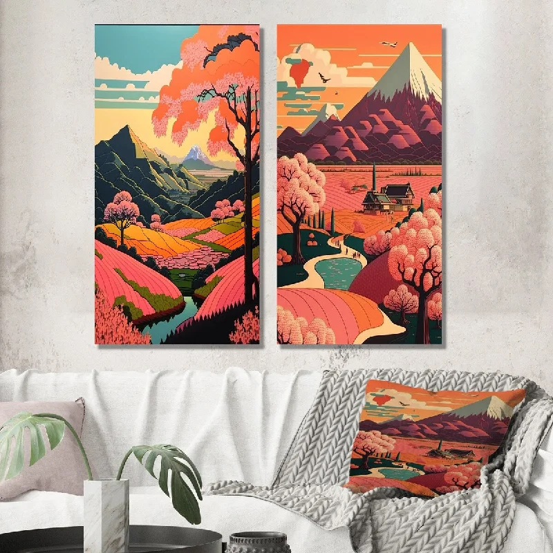 Plush microfiber area rug-Designart "Elegant Pink Japanese Mountain Landscape II" Meadow Wall Art Set of 2 - Traditional For Living Room Decor