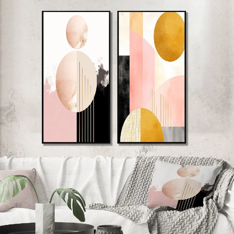 Rustic cotton curtain tieback-Designart "Full Moon Bloom Retro Geometry Pink Gold I" Modern Geometric Framed Wall Art Gallery Wall Set For Home Decor