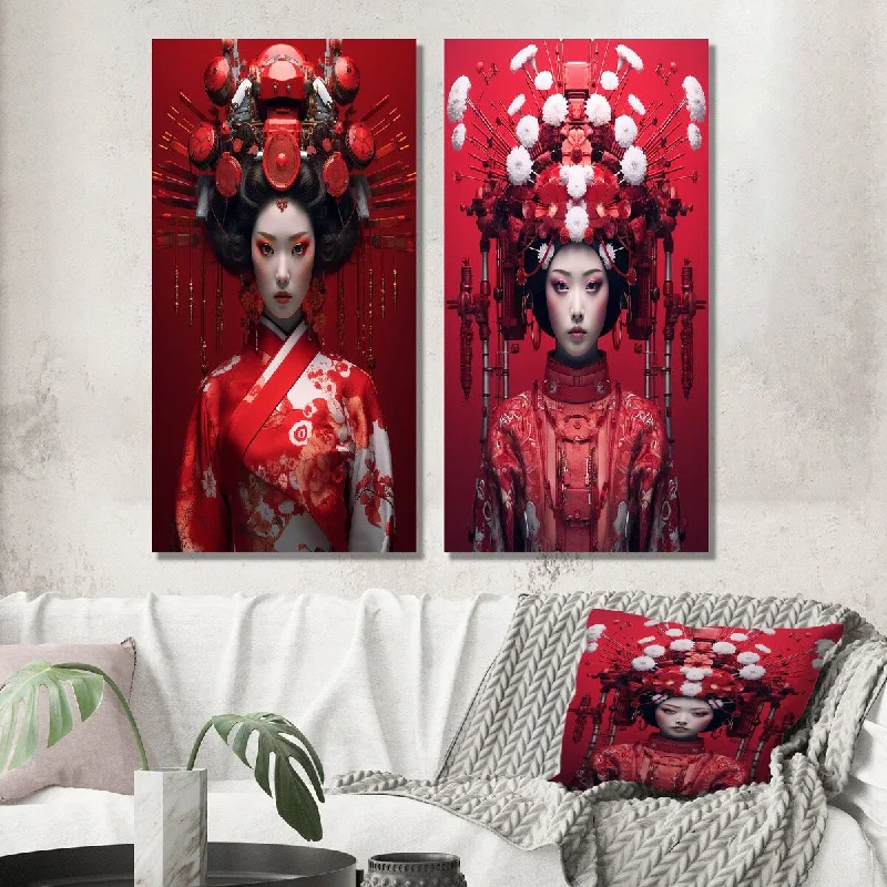 Mid-century cedar side table-Designart "Futuristic Japanese Geisha I" Japon Woman Wall Art Set of 2 - Glam For Office Decor