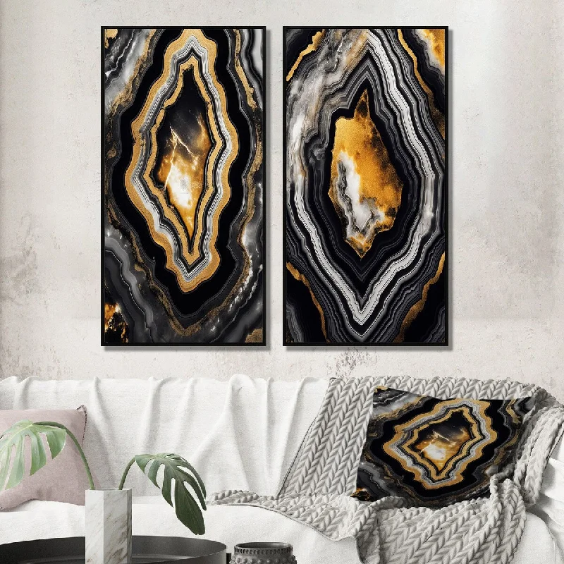 Glossy white table lamp-Designart "Glam Serenity Black Gold Agate I" Abstract Shapes Wall Art Décor - Transitional Wall Art Set Of 2