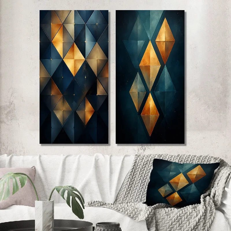 Hand-glazed clay bowl-Designart "Golden Diamond Rising On Retro Navy Blue II" Modern Geometric Wall Art Set of 2 Modern Wall Art For Bedroom