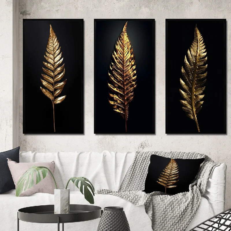 Checkered wool throw pillow-Designart "Golden Fern Leaf On Black VI" Ferns Framed Wall Art Set Of 3 - Modern Frame Gallery Set For Office Decor