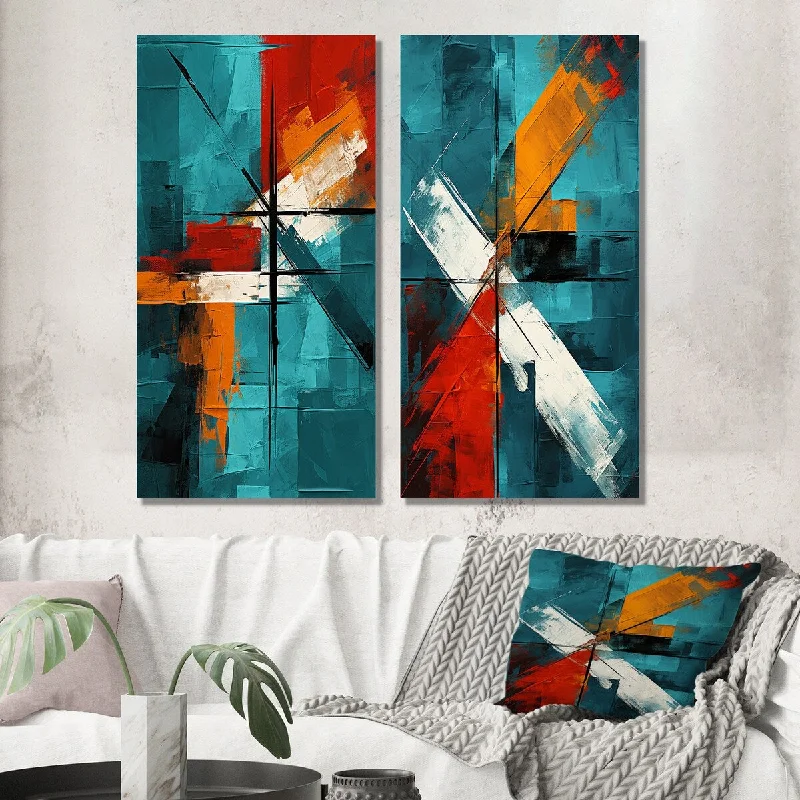 Modern dotted wall decor-Designart "Impossible Logic of Love Abstract In Teal I" Abstract Painting Wall Art Set of 2 Modern Wall Art For Bedroom