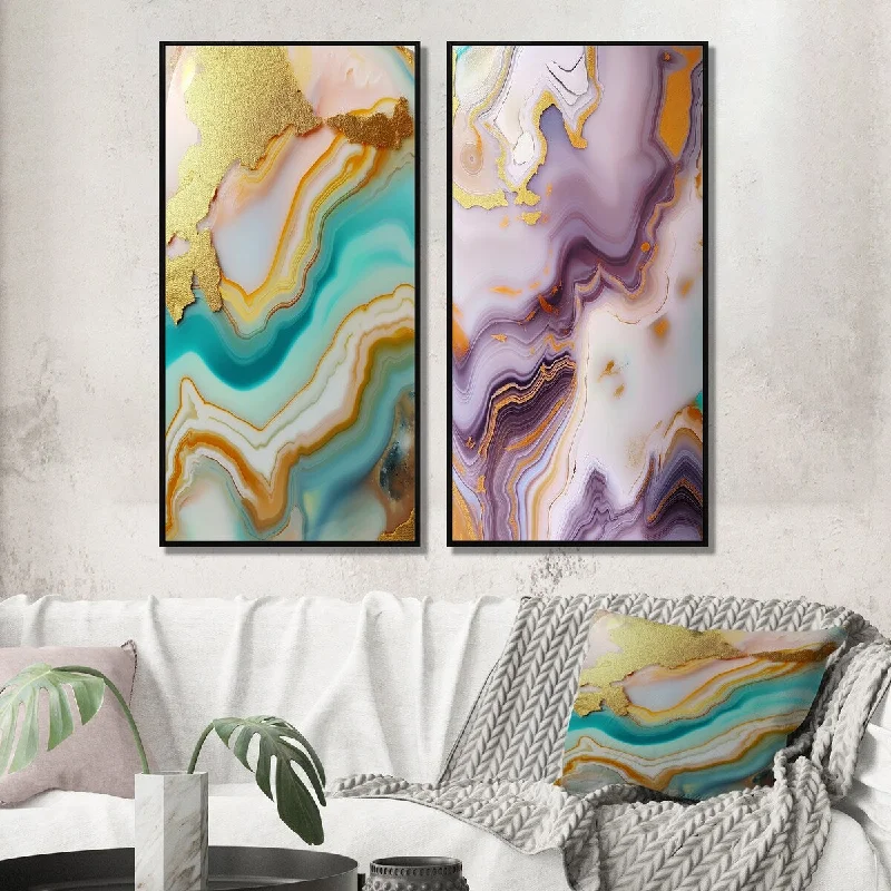 Antique copper candle holder-Designart "Liquid Art Gold Blue Turquoise Agate II" Abstract Shapes Wall Art Décor - Transitional Wall Art Set Of 2