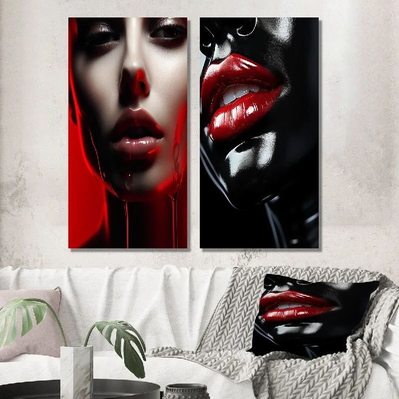 Bamboo lattice window blind-Designart "Luscious Sensuous Red Glam Woman Portrait" Fashion Woman Wall Art Set of 2 - Glam Living Room Decor