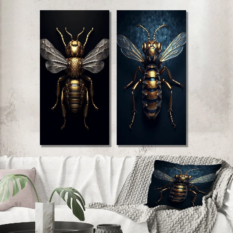 Antique brass candle stand-Designart "Mecanical Bumble Bee I" Animals Bee Wall Art Set of 2 - Children's Art Gallery Wall Set For Living Room Decor