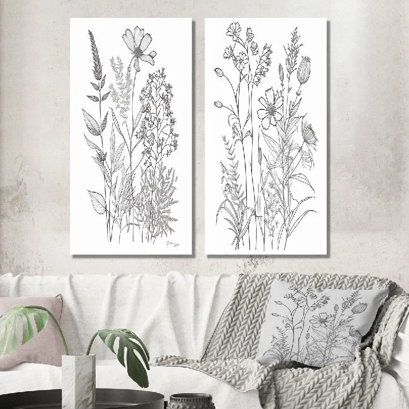 Bohemian rope wall hanging-Designart "Minimal Wildflowers Drawing Black On White I" Wildflowers Wall Art Set of 2 Traditional For Living Room Decor