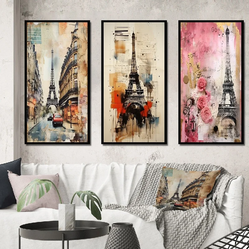 Bohemian lace wall tapestry-Designart "Paris Nostalgia Vintage Collage I" City Paris Framed Wall Art Set Of 3 - Traditional For Office Decor