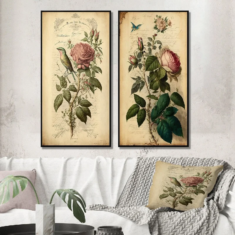 Antique nickel candle holder-Designart "Pink Rose On Retro Parchment" Floral Rose Wall Art Décor - Traditional Gallery Set For Office Decor