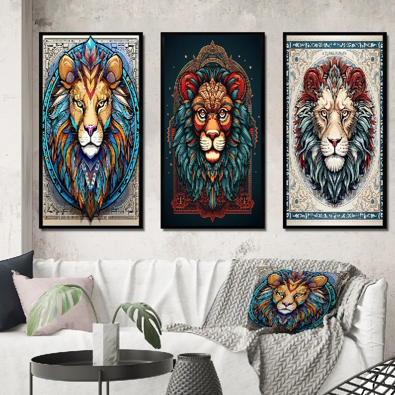 Crystal star chandelier-Designart "Portrait Of A Wild Lion Contemporary Illustration" Animals Lion Frame Gallery Set Of 3 For Office Decor