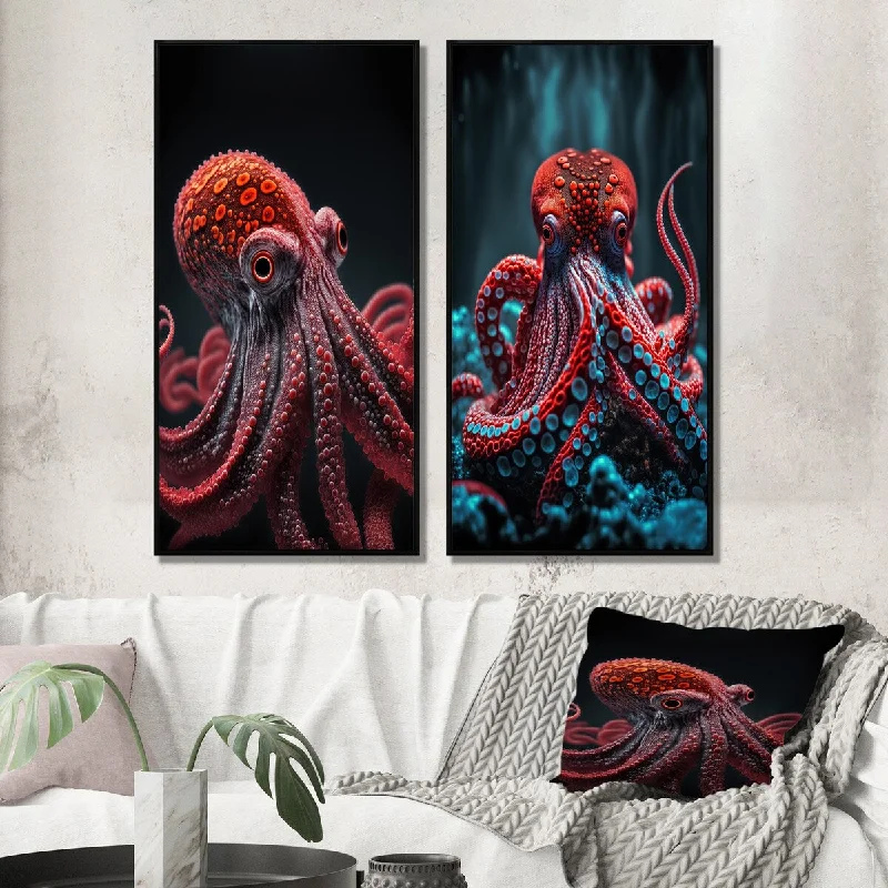 Antique nickel wall sconce-Designart "Red Octopus On The Ocean Floor II" Animal Octopus Framed Wall Décor Children's Art Wall Art Set Of 2