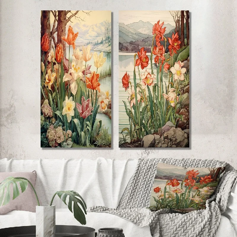 Vintage aqua glass vase-Designart "Red Tulips Blooming Retro Illustration II" Wildflowers Wall Art Set of 2 - Traditional Living Room Decor