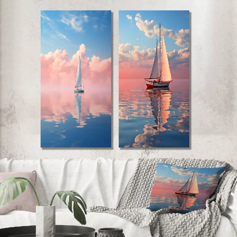 Bronze-rimmed decorative bowl-Designart "Sailboat Tranquility Pastel Sunset Reflection II" Boat Wall Set of 2 - Modern Wall Art For Living Room Decor