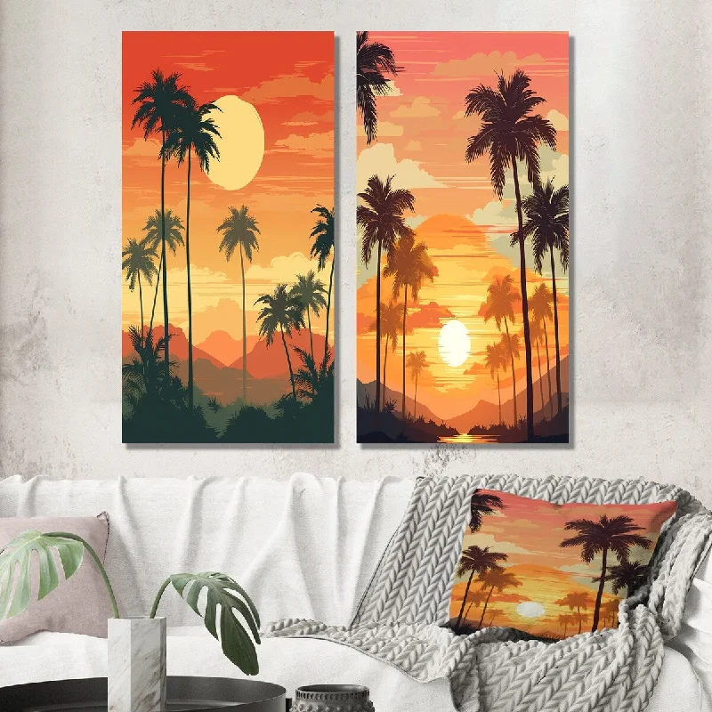 Plush microfiber throw-Designart "Sun Setting over Palm Trees Retro Illustration III" Meadow Set of 2 - Traditional Wall Art For Home Decor