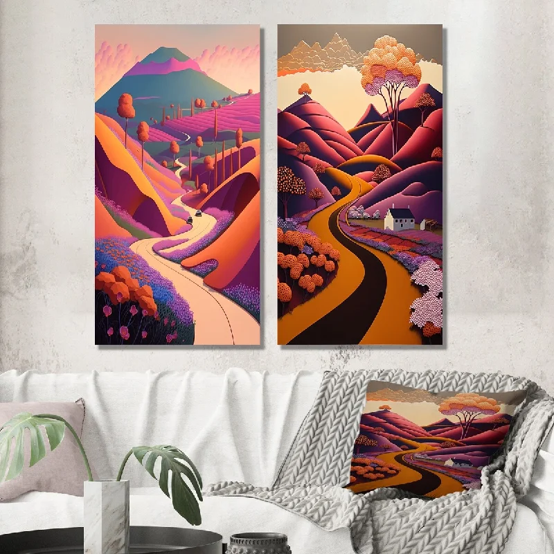 Hand-fired pottery jug-Designart "Swirling Road Playful Purple Mountain Landscape II" Meadow Wall Set of 2 - Traditional Wall Art For Bedroom