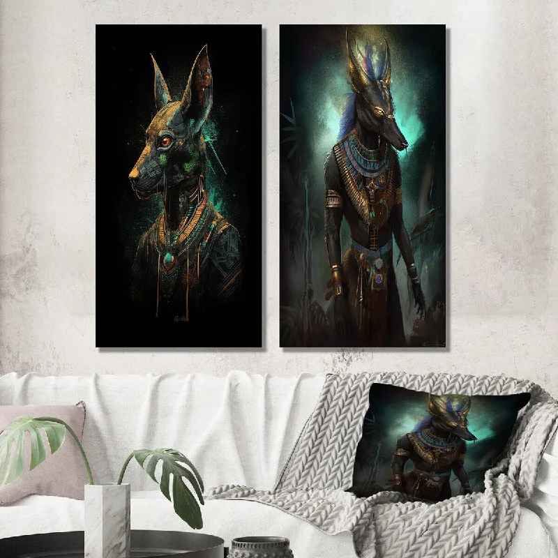 Rustic cotton curtain panel-Designart "Vintage Anubis Ancient Egyption Jackal God VIII" Woman Wall Art Set of 2 - Glam For Living Room Decor