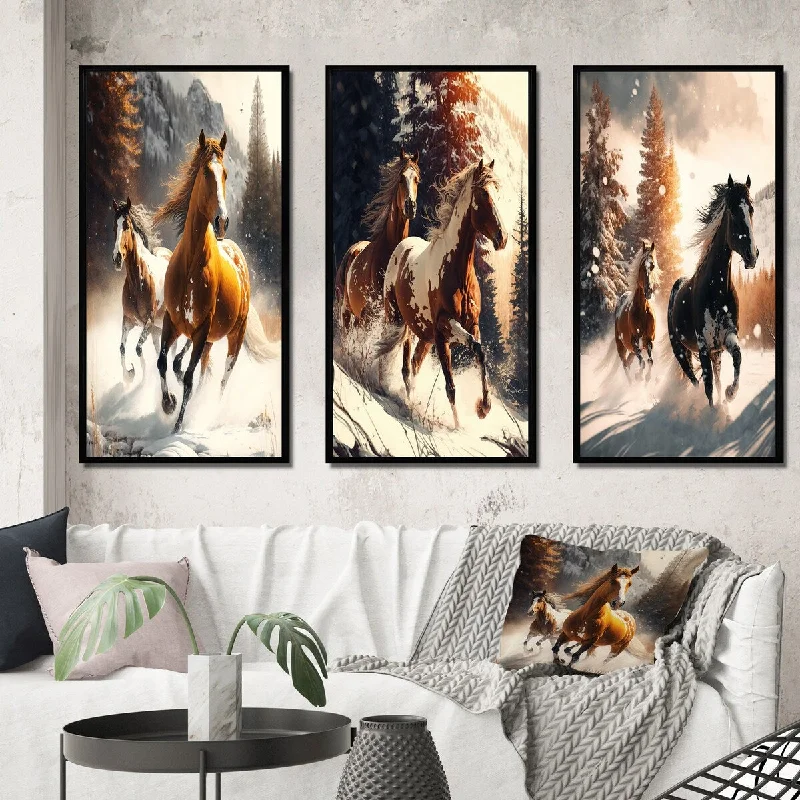 Industrial zinc floor lamp-Designart "Wild Horses Galopping Winter Scene II" Animals Horse Frame Gallery Set Of 3 For Office Decor