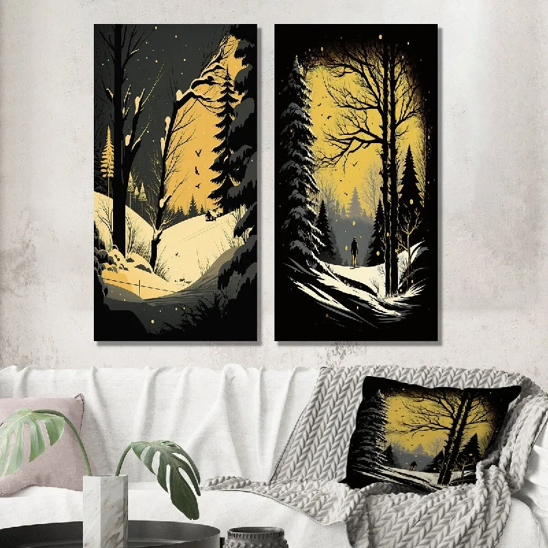 Velvet curved ottoman cushion-Designart "Winter Trees In The Snow Mountain Forest I" Landscape Set of 2 - Country Wall Art For Living Room Decor