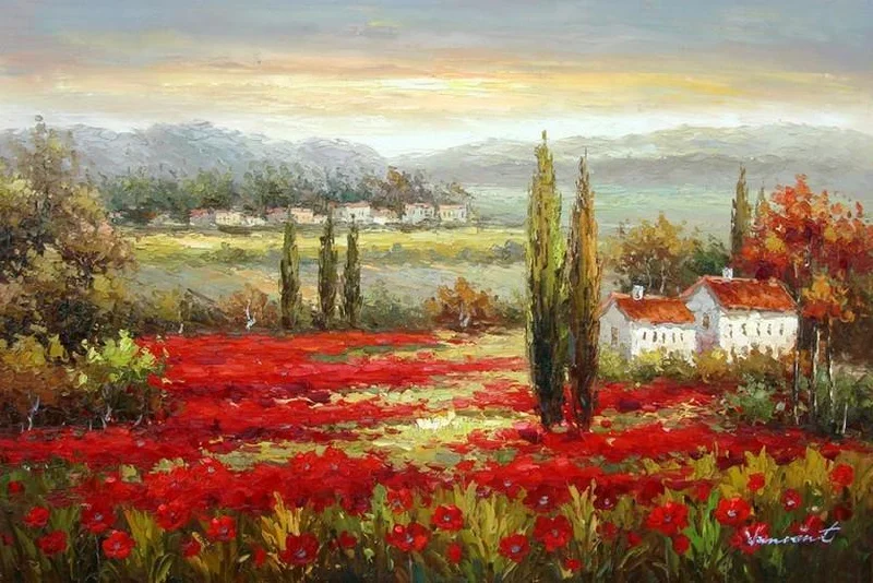 Bamboo weave wall panel-Flower Field, Wall Art, Large Painting, Canvas Oil Painting, Landscape Painting, Living Room Wall Art, Cypress Tree, Canvas Wall Art, Canvas Art, Red Poppy Field