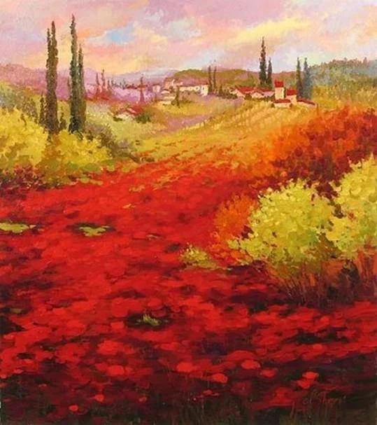 Rustic cotton curtain tie-Flower Field, Wall Art, Large Painting, Canvas Painting, Landscape Painting, Living Room Wall Art, Cypress Tree, Oil Painting, Canvas Art, Red Poppy Field