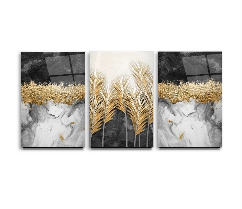 Minimalist glass vase-Golden Leaf Glass Wall Art & Set of 3