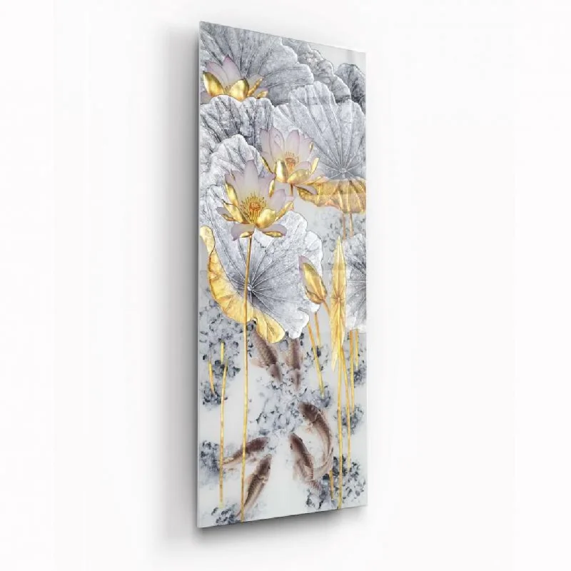 Rustic pine wall shelf-Golden Lotus Serenade Glass Wall Art