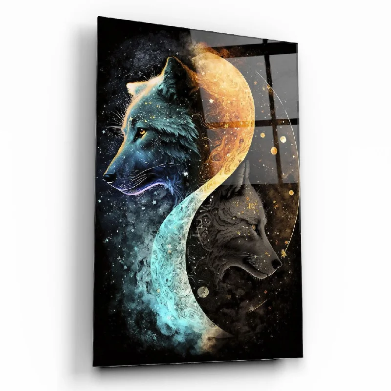 Rustic pine wall shelf-Cosmic Wolves: Balance of Day and Night Glass Wall Art