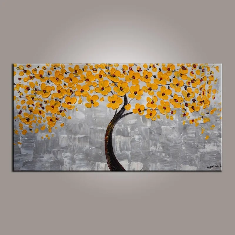 Hand-fired clay jug-Painting on Sale, Yellow Flower Tree Painting, Tree of Life Abstract Painting, Art on Canvas