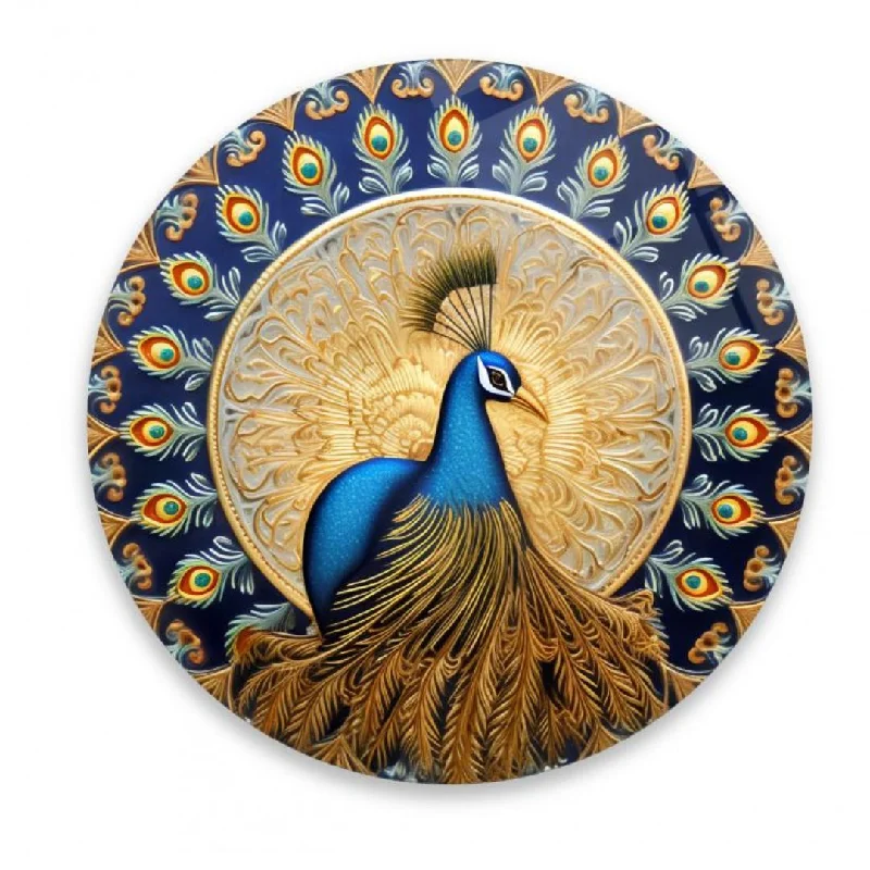 Rustic silk curtain tie-Regal Beauty: The Golden Peacock in Azure Glass Wall Art