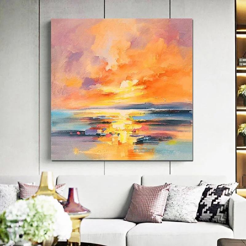 Minimalist red wall clock-Sunrise Painting, Large Landscape Painting for Living Room, Abstract Landscape Painting, Hand Painted Art, Bedroom Wall Art Ideas, Modern Paintings for Dining Room