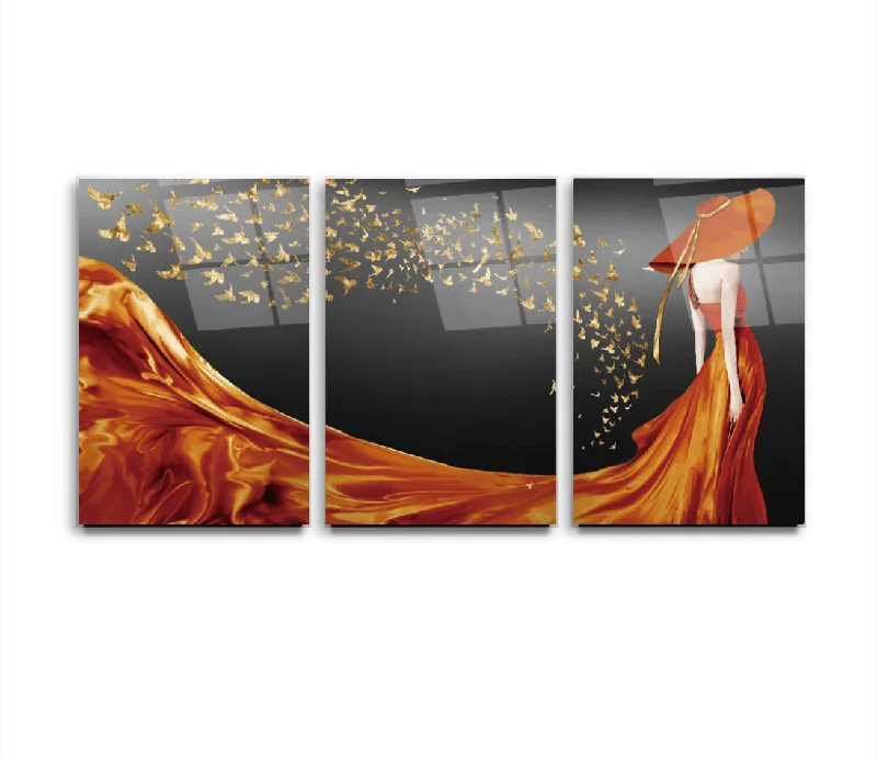 Minimalist orange wall mirror-Woman in Dress Glass Wall Art & Set of 3