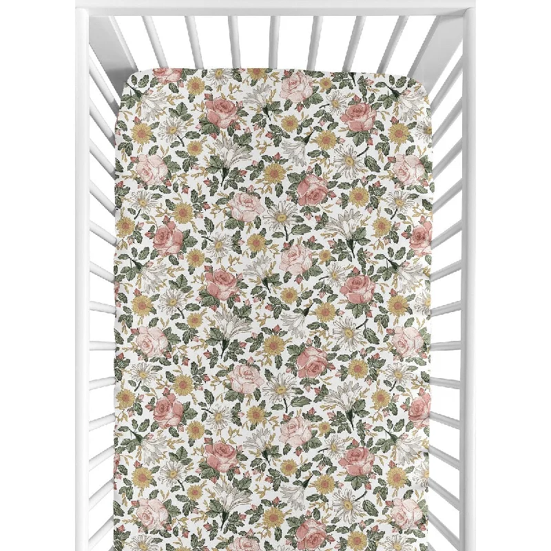 Heavyweight cotton comforter-Boho Floral Collection Girl Jersey Knit Fitted Crib Sheet - Pink Yellow Green White Vintage Shabby Chic Rose Flower Farmhouse