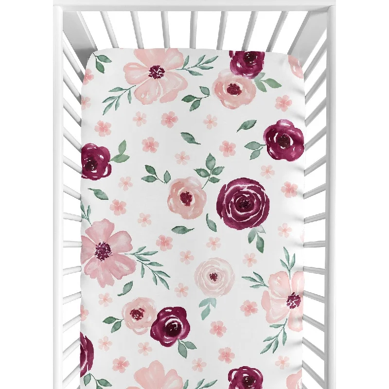 Cooling jersey pillow-Burgundy and Pink Watercolor Floral Girl Fitted Crib Sheet - Blush Maroon Wine Rose Green and White Shabby Chic Flower Farmhouse