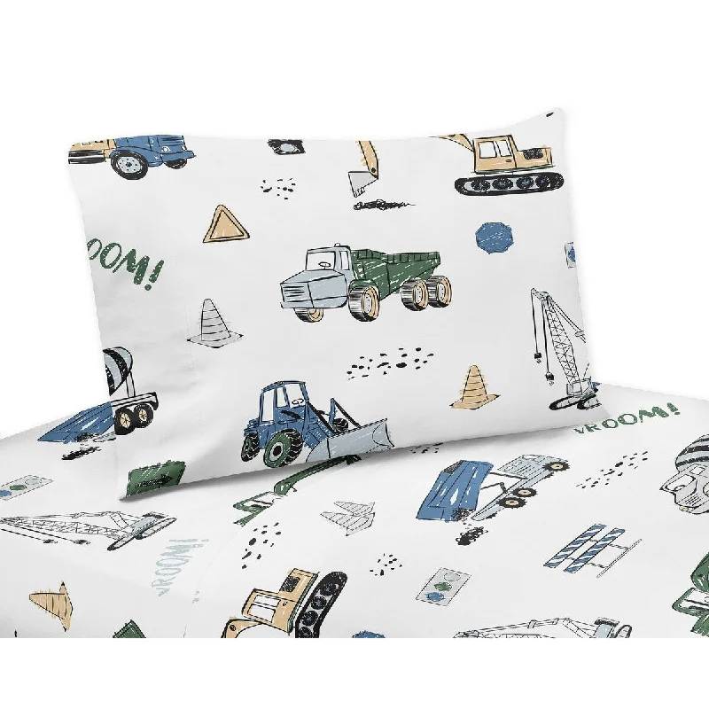 Warm chenille comforter-Construction Truck Collection 4-piece Queen Sheet Set - Grey Yellow Black Blue and Green Transportation