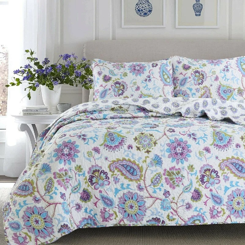 Modern dotted comforter-Cozy Line Lavender Purple Blue Floral Paisley 3-Piece Quilt Bedding Set