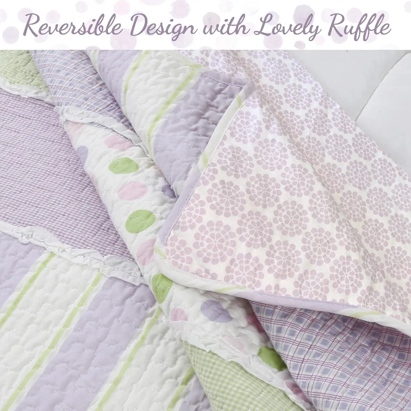 Natural cotton quilt set-Cozy Line Lilac Purple Green Stripe Polka Dot Checker White Ruffle Patchwork Cotton Reversible Quilt Bedding Set