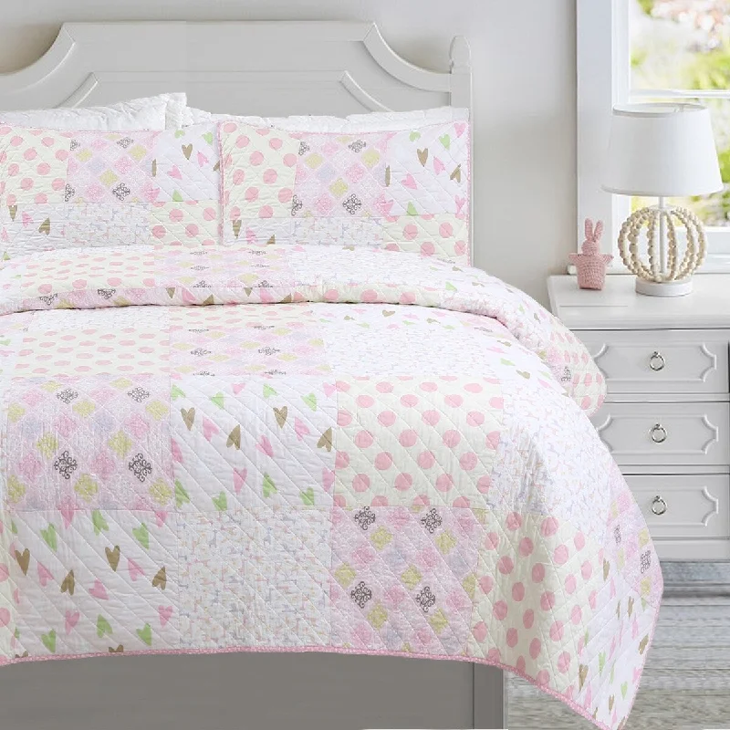 Natural cotton bedspread-Cozy Line Pink Heart Floral Dot Giraffe Medallion Cotton Patchwork Reversible Quilt Bedding Set