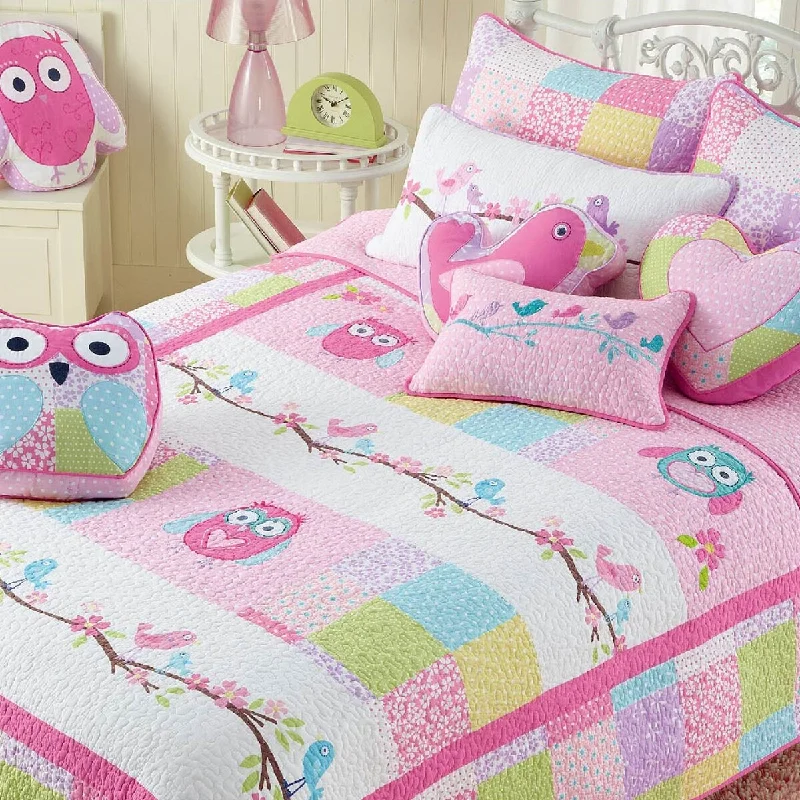 Ergonomic gel memory pillow-Cozy Line Pink Owl Cotton Quilt Bedding Set