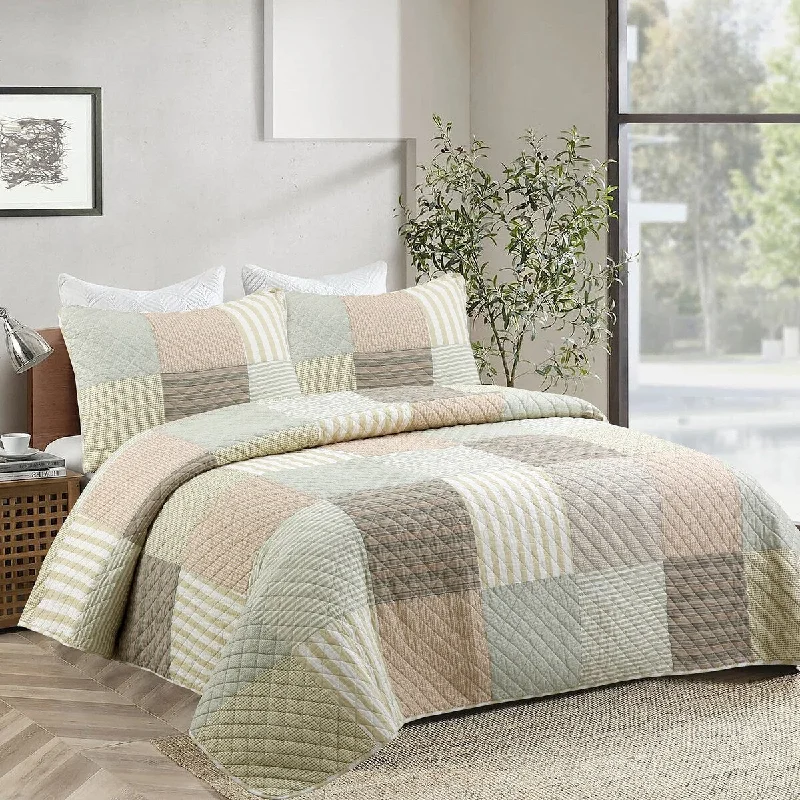 Cooling jersey pillow-Cozy Line Stripe Checker Patchwork Cotton Reversible 3 Piece Quilt Bedding Set