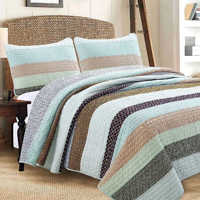 Lightweight flannel quilt-Cozy Line Striped Cotton Reversible 3-Piece Quilt Bedding Set