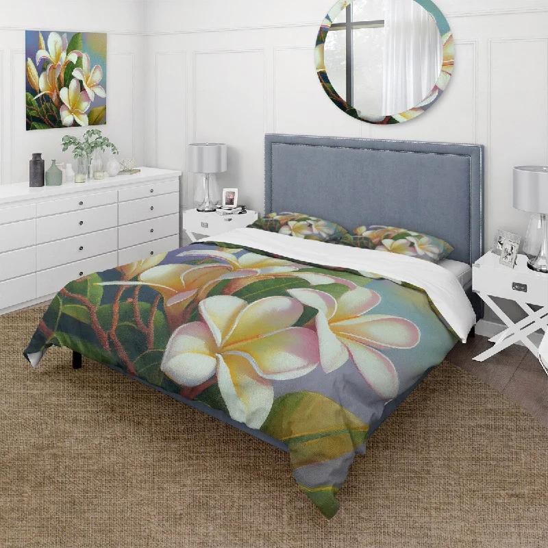 Thick flannel bedspread-Designart "White And Yellow Blossoming Plumeria III" White Traditional - Bedding Set With Shams