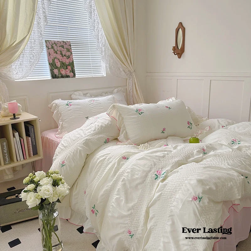 Plush sherpa bed throw-Dreamy Embroidered Ruffle Bedding Set / Roses