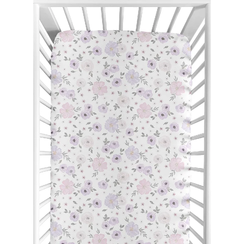 Warm fleece bed blanket-Floral Collection Girl Jersey Knit Fitted Crib Sheet - Lavender Purple, Pink and Grey Boho Shabby Chic Rose Watercolor Flower