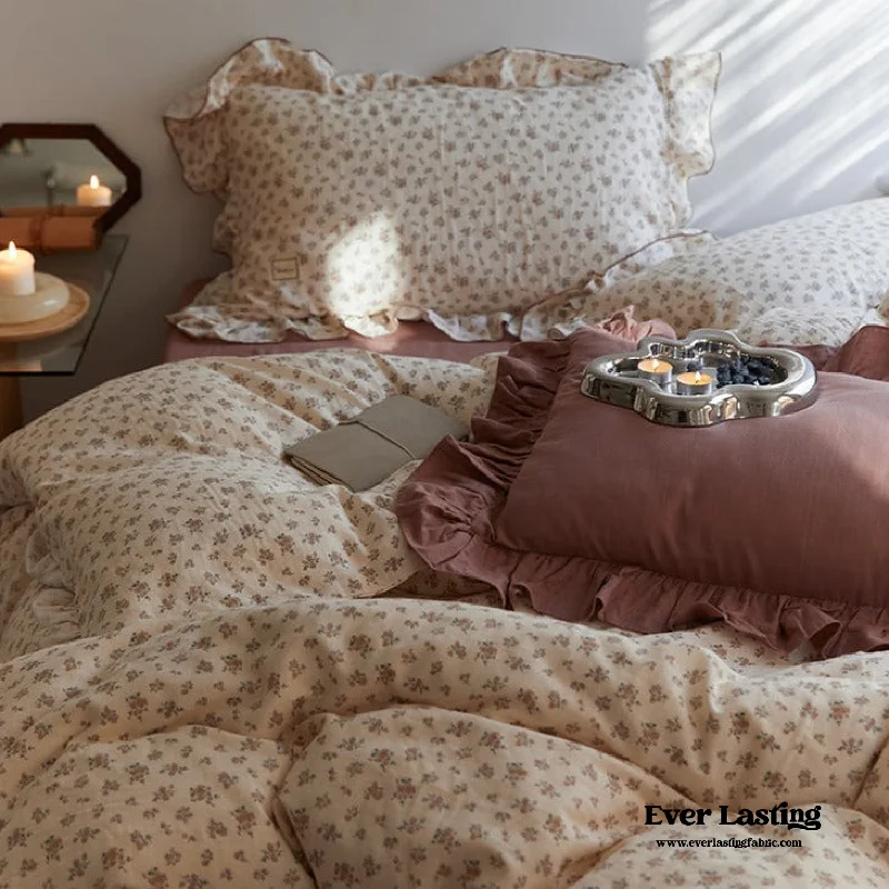 All-season linen bedspread-French Floral Earth Tone Double Layer Ruffle Bedding Set / Beige + Brown